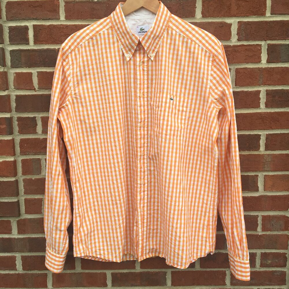 Lacoste Button Down Shirt Mens Size 43 LG/XL Orange White Gingham Checked Poplin